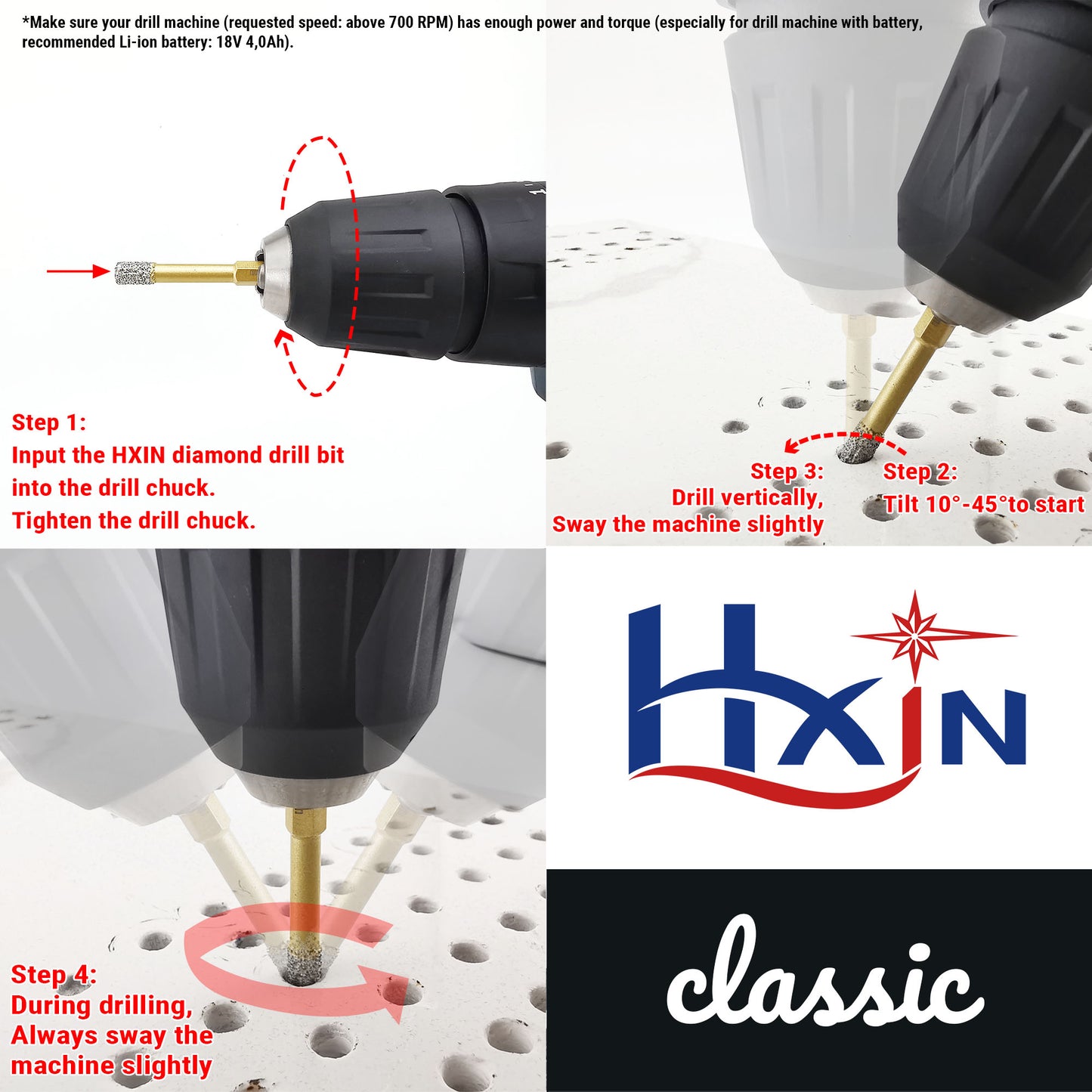 4pcs/set HXIN Vacuum Brazed Diamond Drill Bits With Hexagonal E6.3mm Quick-fit Shank for Porcelain, Ceramic, Tiles, Marble