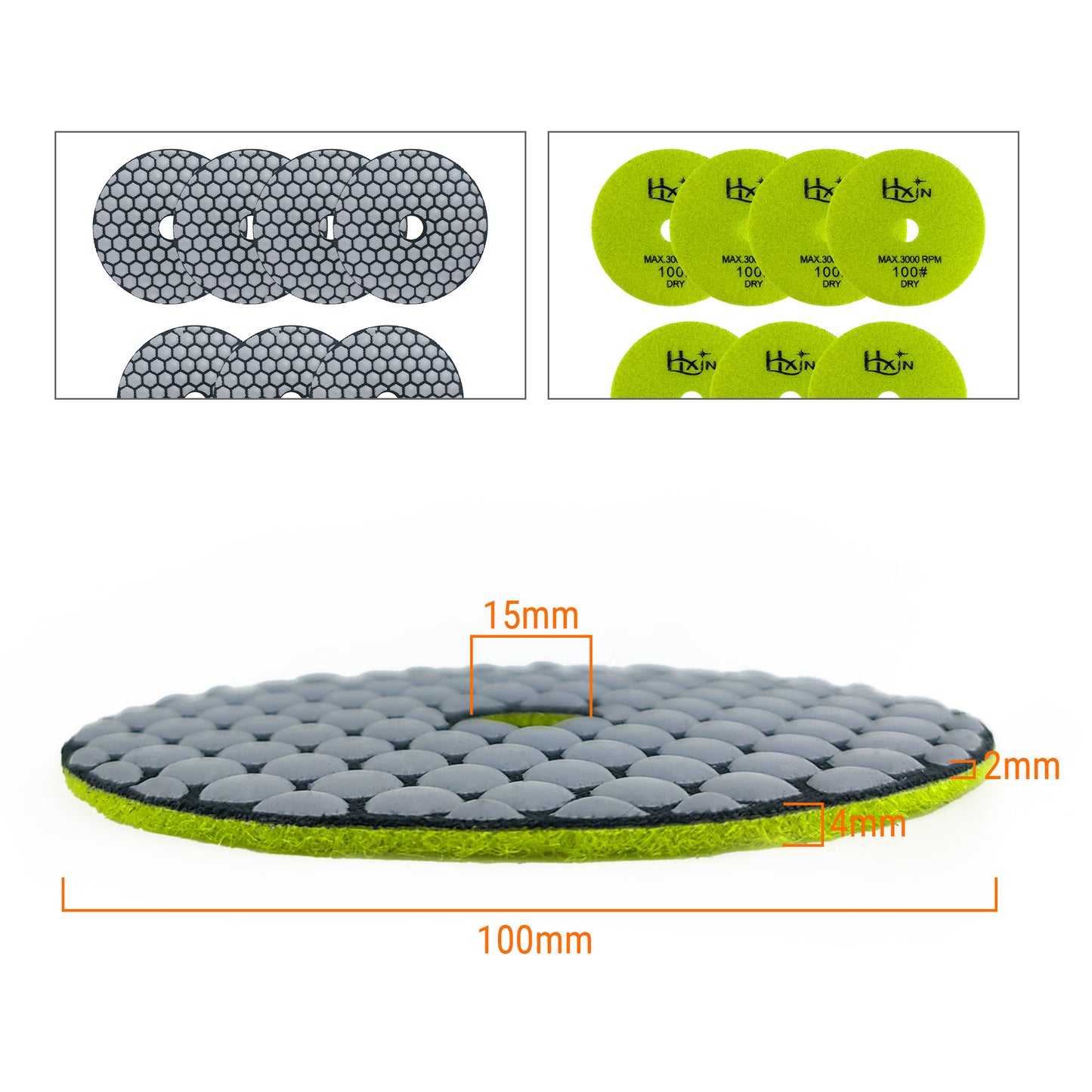 7pcs/set HXIN 4 inch Resin Bond Diamond Dry Polishing Pads Set for Granite Marble Ceramic