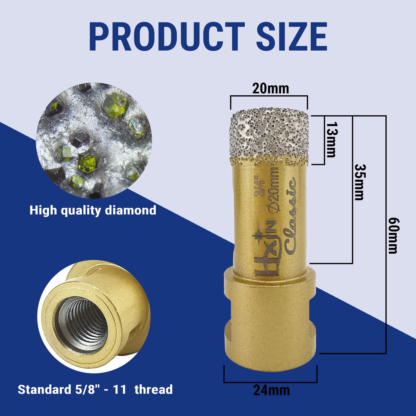 Classic HXIN Vacuum Brazed Diamond Core Drill Bits with 5/8''-11 thread for Porcelain Tile Marble Stone Masonry