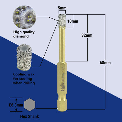 HXIN Vacuum Brazed Diamond Drill Bits With Hexagonal E6.3mm Quick-fit Shank for Porcelain, Ceramic, Tiles, Marble