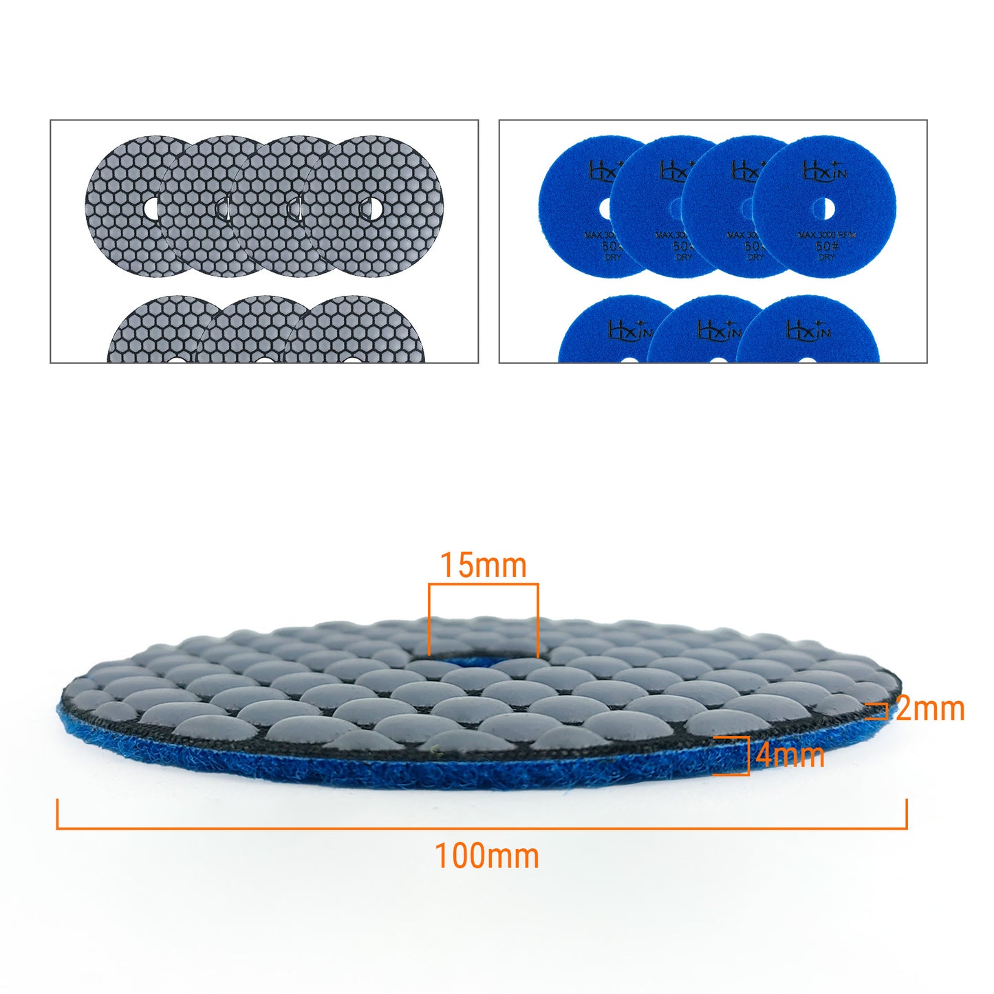 7pcs/set HXIN 4 inch Resin Bond Diamond Dry Polishing Pads Set for Granite Marble Ceramic