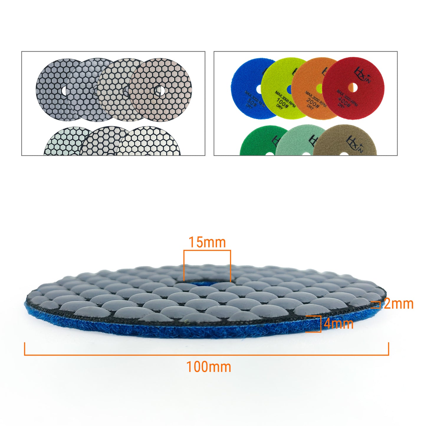 7pcs/set HXIN 4 inch Resin Bond Diamond Dry Polishing Pads Set for Granite Marble Ceramic
