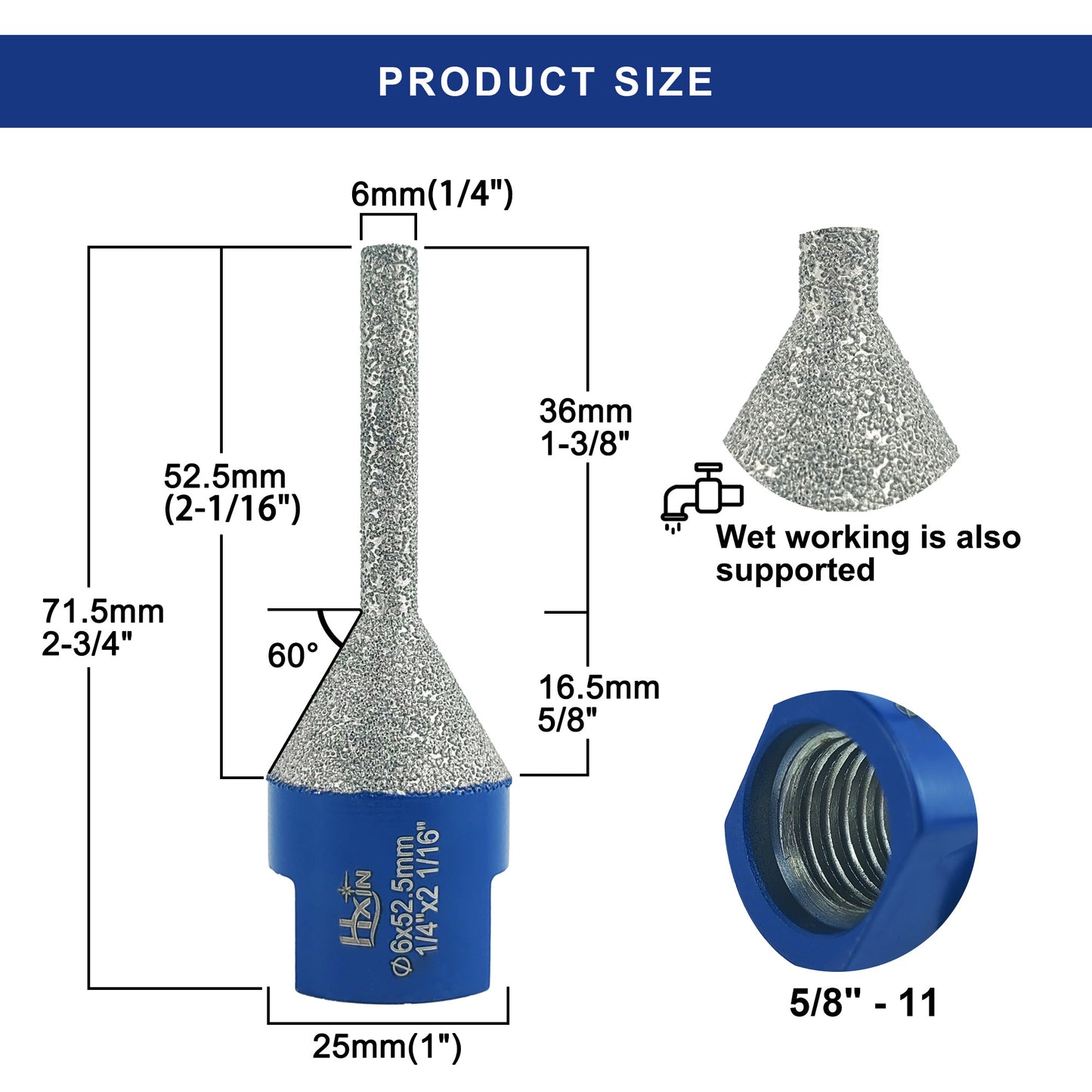 HXIN Vacuum Brazed Diamond Milling Finger Bits 5/8’’-11 Thread for Existing Holes Enlarging Shaping Trimming Tile Porcelain Ceramic Granite Marble